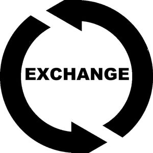 May include: A black and white graphic showing the word "EXCHANGE" within a circular arrow symbol. The arrows form a continuous loop, indicating a process of exchange or return.