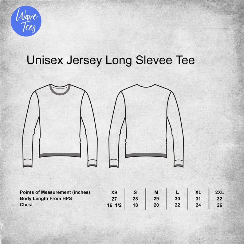 Puede incluir: Dibujo lineal de una camiseta de manga larga de jersey, vistas delantera y trasera. El texto dice "Unisex Jersey Long Sleeve Tee". Tambi&eacute;n se muestra una tabla de medidas en cent&iacute;metros para las tallas XS a 2XL.