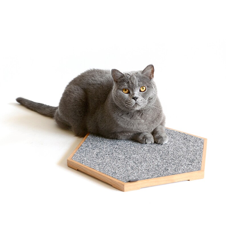 May include: A gray cat with yellow eyes sits on a hexagonal scratching post with a gray carpet surface and a wooden frame.