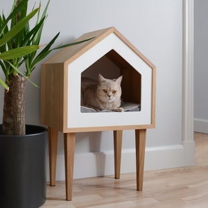 Premium Cat House, Cat House, Oak Wood Cat House, Cat Tree, Pet Cot, Cat Bed, Pet Bed, Indoor Cat House, Pet Furniture Design image 1