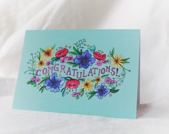 Congratulations Floral Greeting Card - Watercolor and Gouache Art Card
