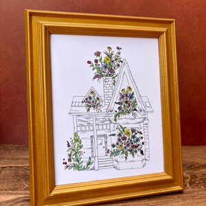 Flower House Art Print, Watercolor Home Décor, 8x10