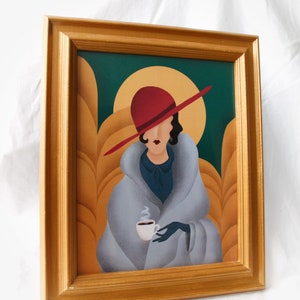 Art Deco Woman and Coffee Print, Digital Portrait Illustration, Home Decor, 8x10