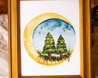 Evergreen Tree Moon Art Print, Watercolor Home Decor, 8x10