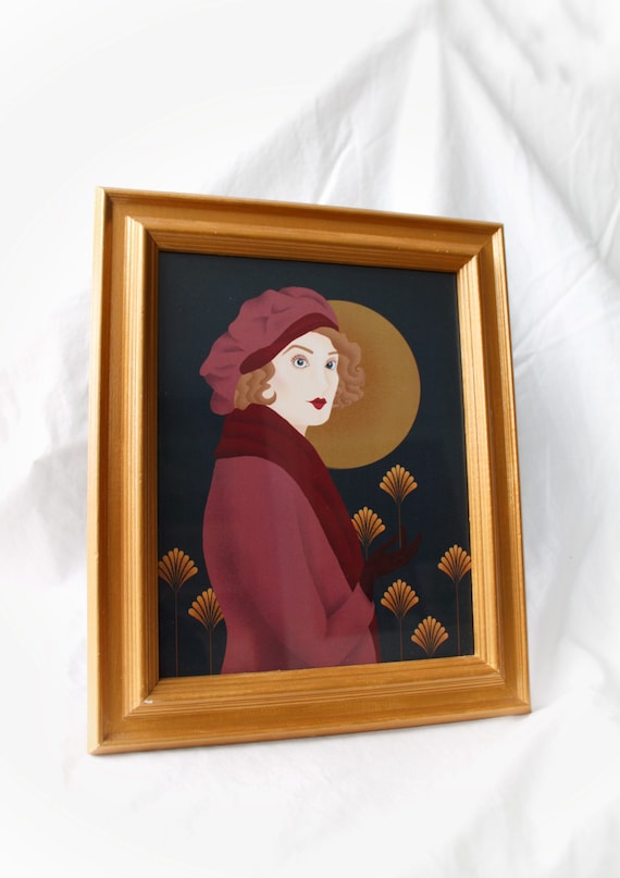 Art Deco Woman in Pink Print, Digital Portrait Illustration, Home Decor, 8x10