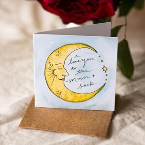 Ik hou van jou tot de maan en terug: vierkante mini-valentijnskaarten, aquarelkaart van 3 x 3 inch