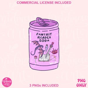 Puede incluir: Ilustración de una lata de refresco rosa con el texto "FANTASY READER SODA". La lata presenta ilustraciones de fantasía de un dragón, una poción, una espada, una corona, un arco y una flecha y una rosa. La lata está etiquetada con 200 ml.