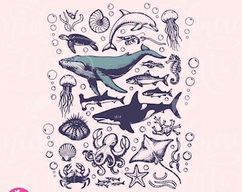 Sea Animals PNG, 90s Vintage Ocean PNG, Y2K Retro Whale Dolphin Turtle Sublimation PNG, Orca Sealife Aesthetic Design, Beach Shirt Png