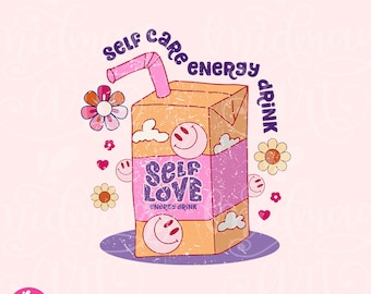 Puede incluir: Una ilustración de dibujos animados de una caja de jugo con el texto "Self Love Energy Drink" y las palabras "Self Care Energy Drink" alrededor. La caja de jugo es rosa y naranja con un aspecto desgastado y tiene caras sonrientes en ella. Hay flores y corazones alrededor de la caja de jugo.