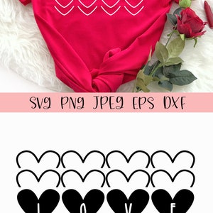 May include: A red t-shirt with a white graphic that says "LOVE" in a heart design. The image also includes a black and white graphic of the same design, and the words "SVG PNG JPEG EPS DXF".