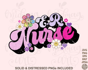 Peut inclure: Un design graphique rose et violet avec le texte "E.R. Nurse" dans une police rétro. Le design est entouré de fleurs et de cœurs.