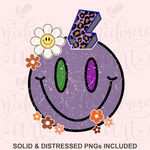 Retro smiley face with lightning bolt svg png sublimation, distressed png sublimation, lightning bolt smiley face sublimation, groovy smiley