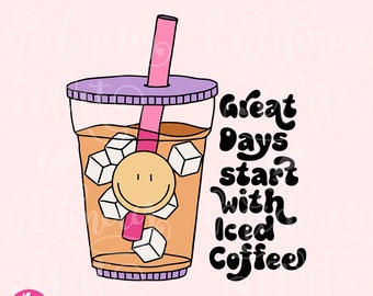 May include: A digital illustration of an iced coffee in a clear cup with a purple lid and pink straw. The drink has ice cubes and a smiley face. Text reads "Great Days start with Iced Coffee."