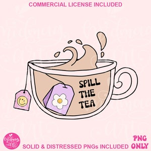 Spill The Tea PNG Design, Trendy Digital Download, Groovy Retro Aesthetic, Tea Cup Character, Cute Sublimation Png File, Commercial use