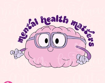 Puede incluir: Un cerebro de dibujos animados rosa con gafas y el texto "mental health matters" en letras moradas.