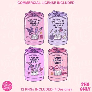 Puede incluir: Cuatro latas de refresco ilustradas con diferentes etiquetas: "Romantasy Reader Soda", "Historical Romance Reader Soda", "Fantasy Reader Soda" y "Smut Reader Soda". Cada lata tiene un diseño único y está etiquetada como "200 ml". La imagen incluye el texto "Commercial License Included".