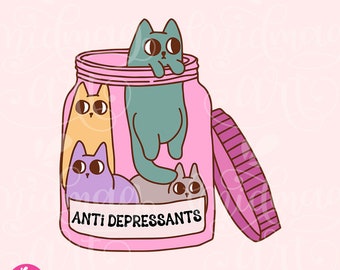 Gatto antidepressivo PNG, Sublimazione divertente della salute mentale, Design digitale, Sublimazione, DTG, Disegni di stampa DTF, uso commerciale
