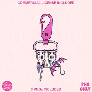 May include: A pink keychain with a lobster clasp and several charms. Charms include a potion bottle, a sword, an open book, and a purple dragon with pink wings. The text "COMMERCIAL LICENSE INCLUDED" and "3 PNGS INCLUDED" are visible.