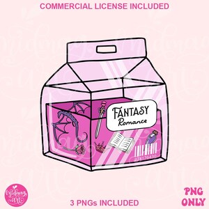 Op de afbeelding: Een roze, kartonvormige afbeelding met de tekst "Fantasy Romance" op een label. Binnenin de doos bevinden zich fantasie-illustraties: een draak, zwaard, kroon, roos, boek en drankfles. De tekst "COMMERCIAL LICENSE INCLUDED" staat bovenaan.