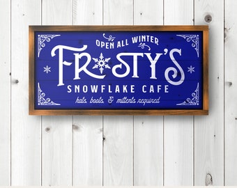 Frosty’s snowflake café wood sign svg, Frosty’s café poster svg, Farmhouse Christmas décor svg, snowflake café svg, vintage Christmas svg
