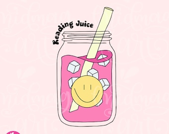 May include: A pink mason jar with a straw and ice cubes. The jar has a smiley face inside and the text "Reading Juice" on the side.