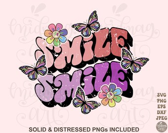 Smile png, retro smile png, Retro Happy Flowers PNG SVG, Vintage Sublimation, Distressed Shirt Design, Smile Face Aesthetic Sweatshirt, DTF