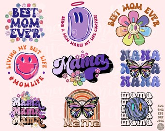 Retro Mama SVG PNG Bundle, best mom ever, butterfly, rainbow, mom life, living my life, smiley mom leopard print floral being a mom svg