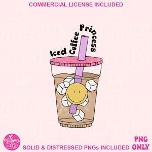 Iced Coffee Princess PNG, lindo diseño de café helado, mejor diseño para camisas, tazas, pegatinas y más para uso comercial