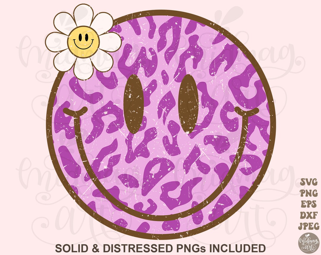 Retro Smiley Face With Daisy Leopard Svg Png Sublimation, Distressed ...