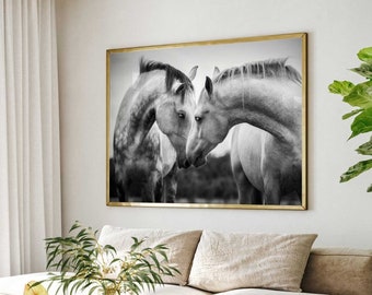 Whispering Souls - Tender Horse Duo, Black & White Digital Print - Horse Print Set, Printable Wall Art Download