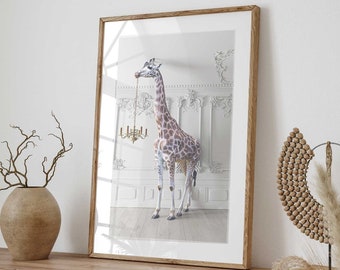 The Giraffe With A Chandelier Print, Giraffe Print Art, The Giraffe with a Chandelier Print Printable, Giraffe Photo #0091-01