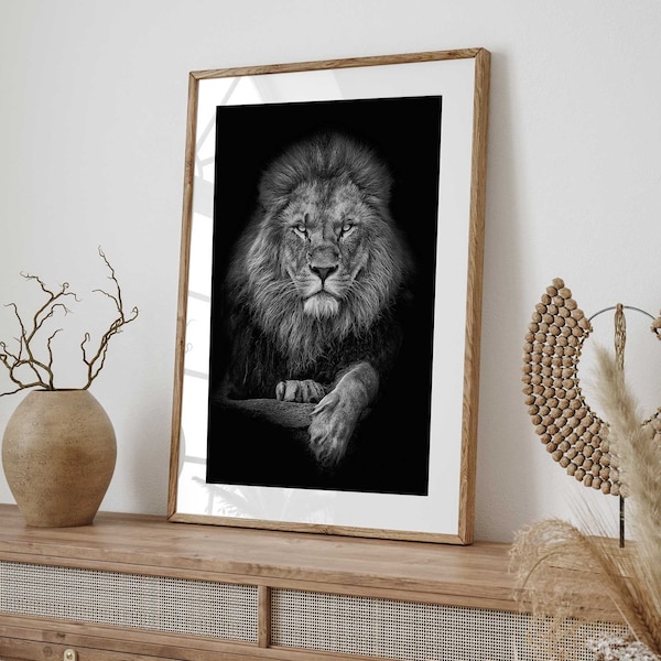 Impresión en blanco y negro de león - Arte de alta calidad - Arte de pared imprimible - Arte de pared animal - Impresión escandinava
