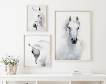 Elegant White Horses Print Set - Instant Download Farmhouse Wall Art - Black and White Horse Print