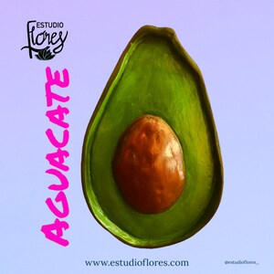 Puede incluir: Un aguacate verde con un hueso marrón, pintado sobre una superficie de madera. El texto "AGUACATE" está escrito en rosa en el lado izquierdo de la imagen. El texto "ESTUDIO FLORES" está escrito en negro en la parte superior izquierda de la imagen. El texto "www.estudioflores.com" está escrito en negro en la parte inferior de la imagen. El texto "@estudioflores_" está escrito en negro en la parte inferior derecha de la imagen.