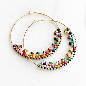 Japanese seed hoop, Brass Hoop Earrings, Glass wine Charms, Colourful Hoop Earrings, Cute Earrings Gift Under 25