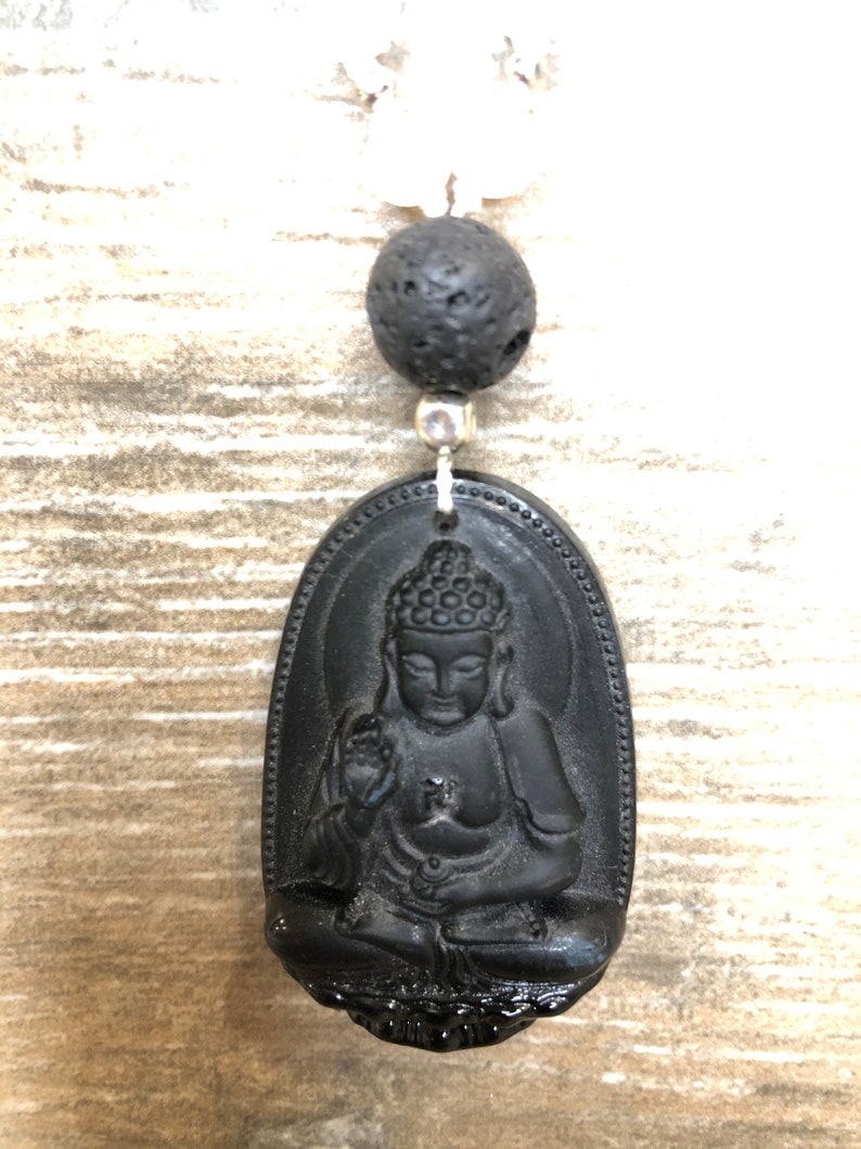 Lava with Onyx Buddha Pendant 6mm Matte Clear Quartz Rose Quartz Mala Necklace