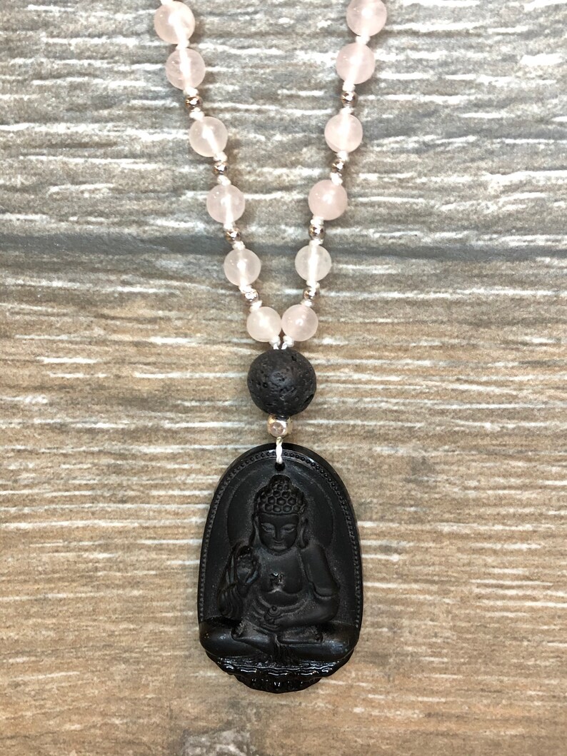 Lava with Onyx Buddha Pendant 6mm Matte Clear Quartz Rose Quartz Mala Necklace