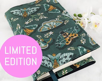 Adjustable book cover - Fabric book cover - Witchy book sleeve - Fabric book sleeve - Celestial book jacket - Green Moths