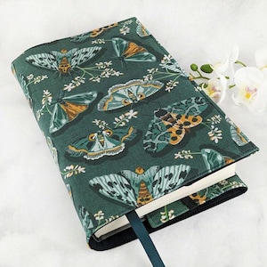 Adjustable book cover - Fabric book cover - Witchy book sleeve - Fabric book sleeve - Celestial book jacket - Green Moths