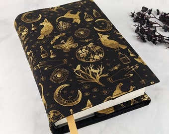 Adjustable book cover - Fabric book cover - Witchy book sleeve - Fabric book sleeve - Celestial book jacket - Gold metallic