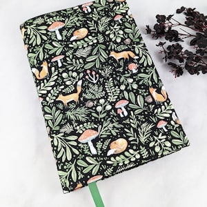 Adjustable book cover - Fabric book cover - Adjustable book jacket - Autumn book cover - Woodland book cover  Foxes and mushrooms book cover