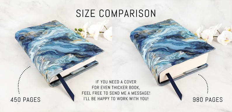 May include: Size comparison of two book covers with a blue and gold marbled design. The cover on the left is for a book with 450 pages, and the cover on the right is for a book with 980 pages. The text "IF YOU NEED A COVER FOR EVEN THICKER BOOK, FEEL FREE TO SEND ME A MESSAGE! I'LL BE HAPPY TO WORK WITH YOU!" is written below the covers.