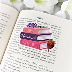 May include: A stack of three pink and purple books with the words "Spicy", "Romance", and "Book Club" on the covers. A small chocolate-covered strawberry is on top of the books.