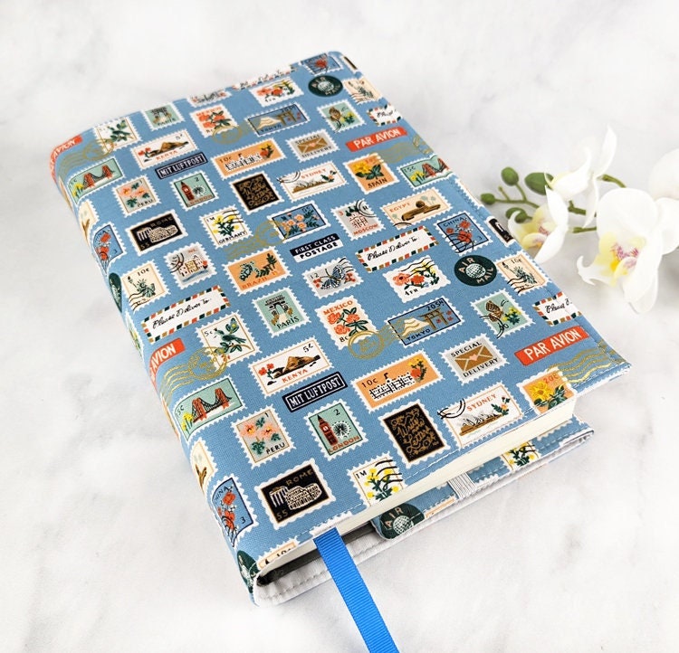 Adjustable Book Cover - Fabric Stamps Sleeve Wanderlust Gift Gift For Bookworm Travel Lover