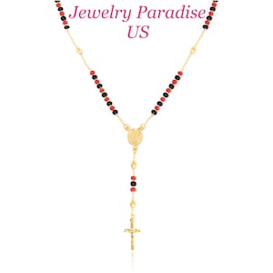 14k Gold Filled 18&quot; Azabache Woman Man Rosary Necklace Unisex Guadalupe Viegen Crucifix Protection Good Luck Abundance