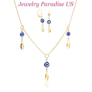 14k Gold Filled Blue Evil Eye 18" Necklace Earrings Set Woman Girl Fashion Jewelry Protection Ojo Turco Azabache Good Luck Buena Suerte