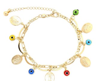 14k Gold Filled Charm Bracelet: Multicolor Evil Eye, Mary Virgin, Figaro Chain