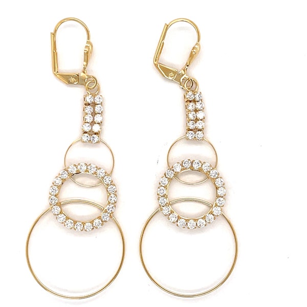 14k Gold Filled 2 inch Drop Earrings with Zirconia Stones leverback Aretes Colgantes con piedras