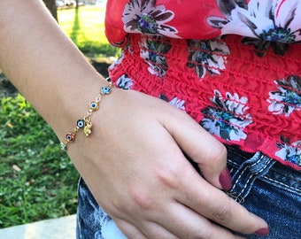 Lucky Turkish Evil Eye Bead Elephant Bracelet For Women Mother Handmade Enamel Evil Eye Adjustable Link Chain Bracelet 14k Gold Plated Good Luck Protecti