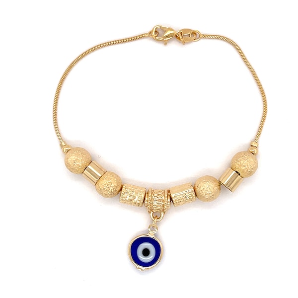 14k Gold Filled 7.5” Woman Bracelet Blue Evil Eye Charm Gold Beads Nazar Protection Abundance Lucky Charms